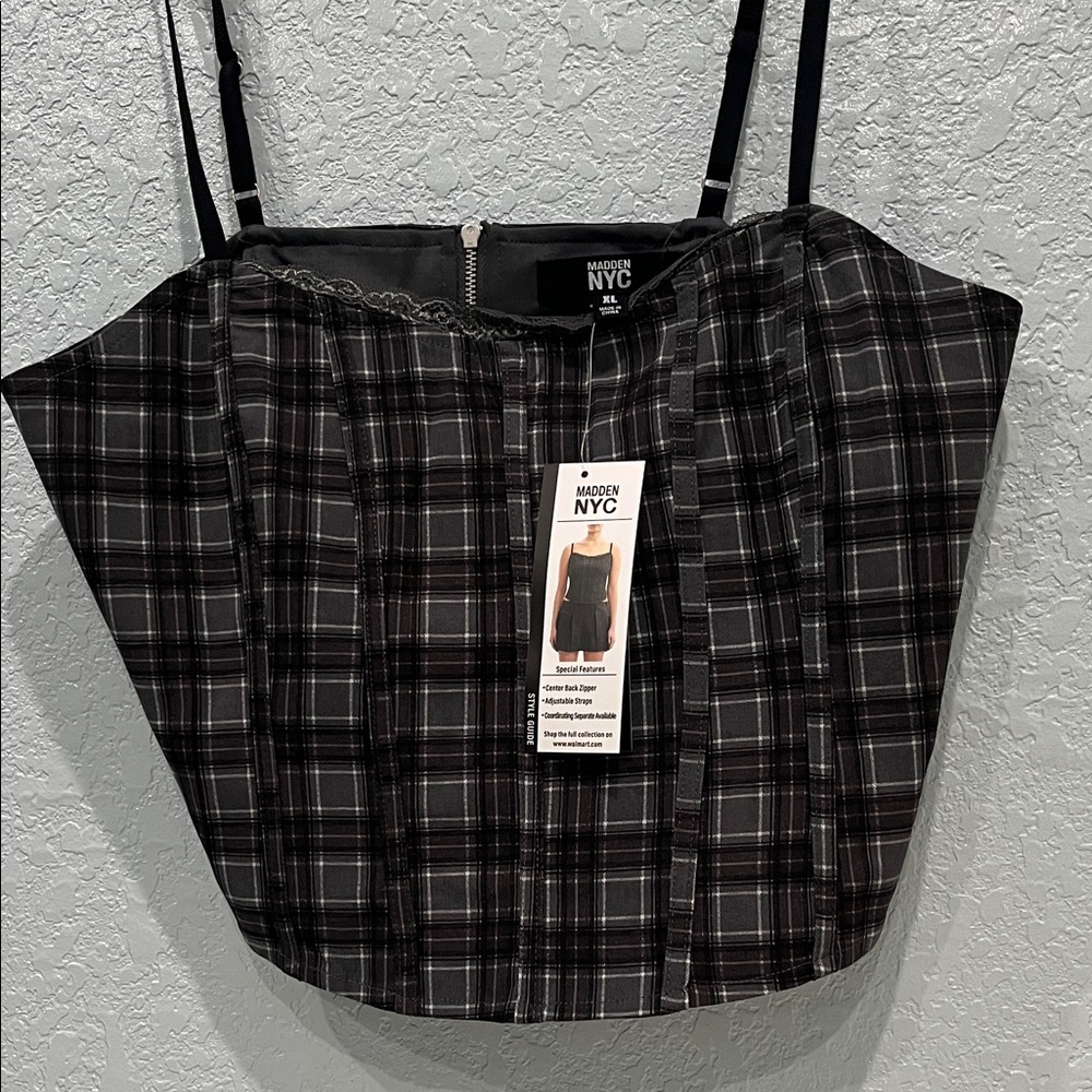 Madden NYC Black Plaid Cropped Cami Top